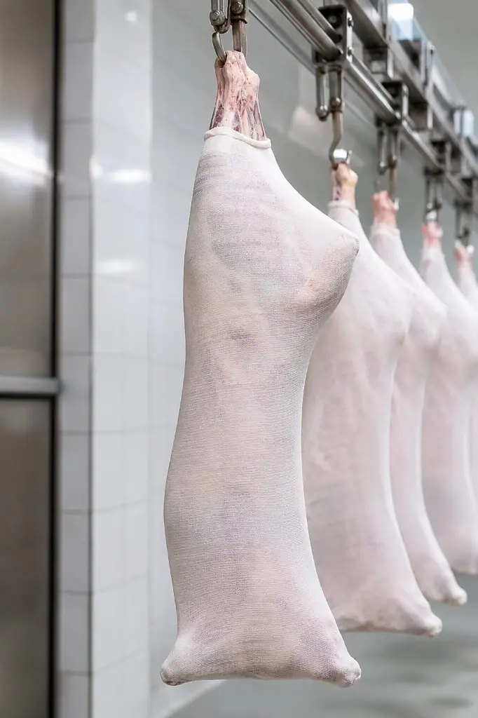 Lamb carcasses covered in white meat stockinette in a chiller
