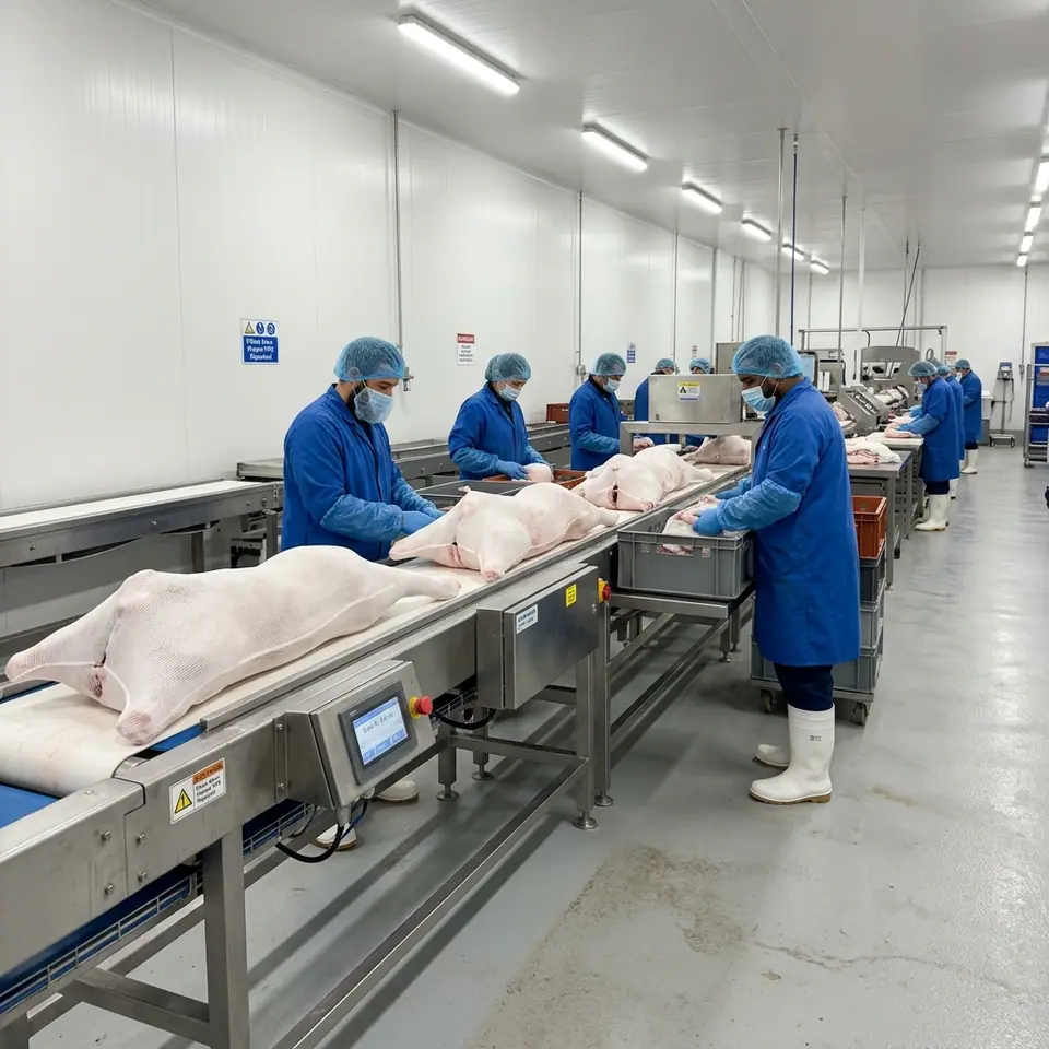 Работники в санитарной одежде на линии переработки мяса